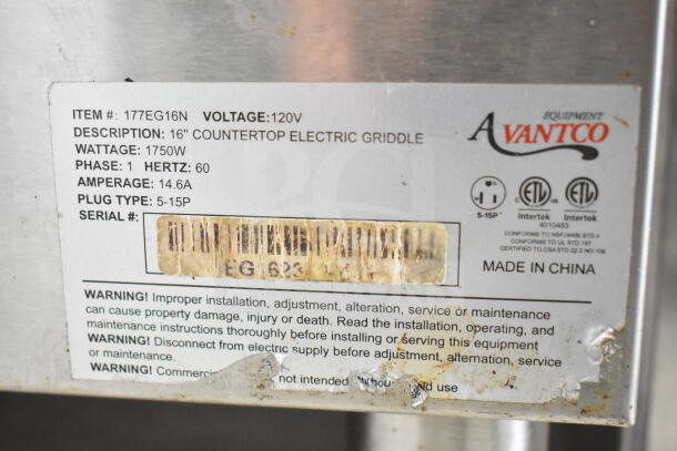 Avantco 1777EG16N commercial countertop electric griddle label. Details: 120V, 1 phase, 1750W, plug type 5-15P.