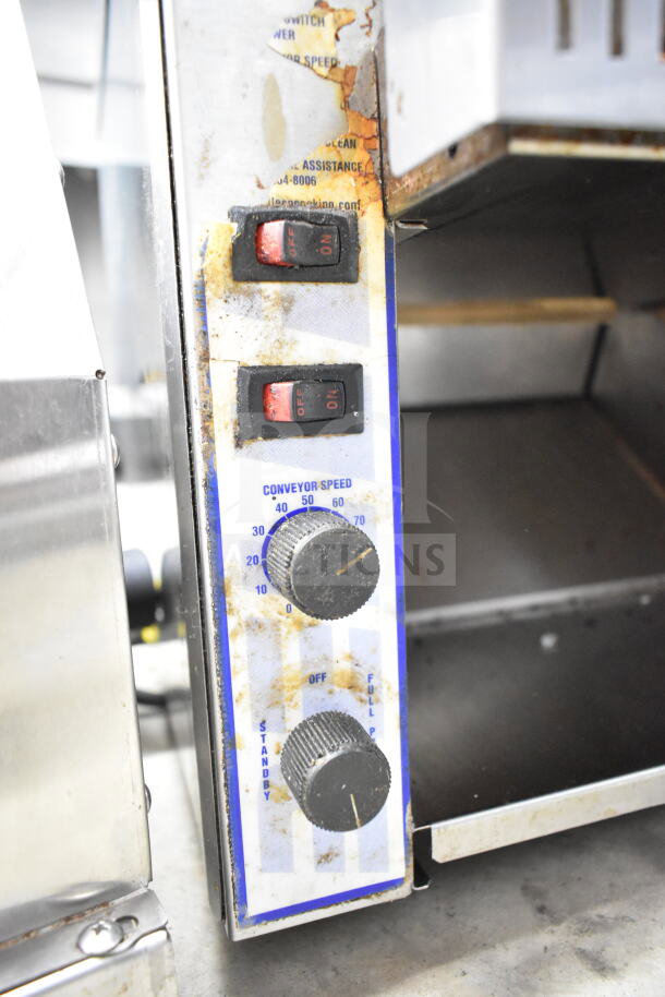Belleco JT1-H Commercial Conveyor Toaster Oven, 120V, used condition, visible controls for on/off, conveyor speed settings.