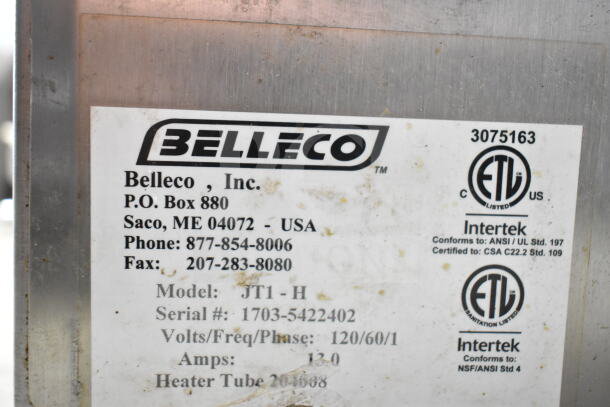 Belleco JT1-H conveyor toaster oven with label showing model, serial number 1703-5422402, 120V, 60Hz, 1 Phase.