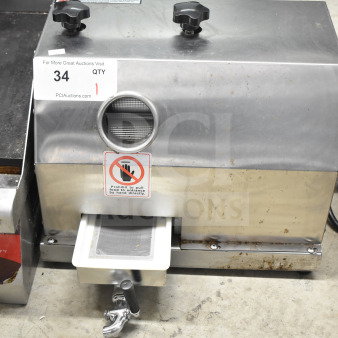 YF-SY80 Manual Sugar Cane Juice Extractor, stainless steel, durable, with filter tray and valve, moderate wear visible.
