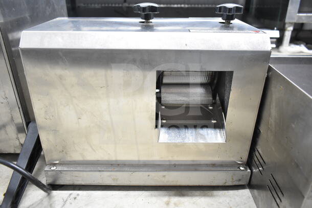 YF-SY80 Manual Sugar Cane Juice Extractor, stainless steel, visible rollers, good condition, model label top right.