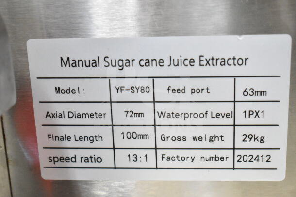 Label on YF-SY80 Manual Sugar Cane Juice Extractor, detailing feed port 63mm, axial diameter 72mm, waterproof level 1PX1.
