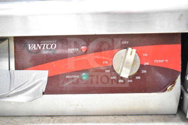 Avantco 177EG16N electric griddle, control panel with temperature dial, power, and heating indicators. 120 Volts, 1 Phase.