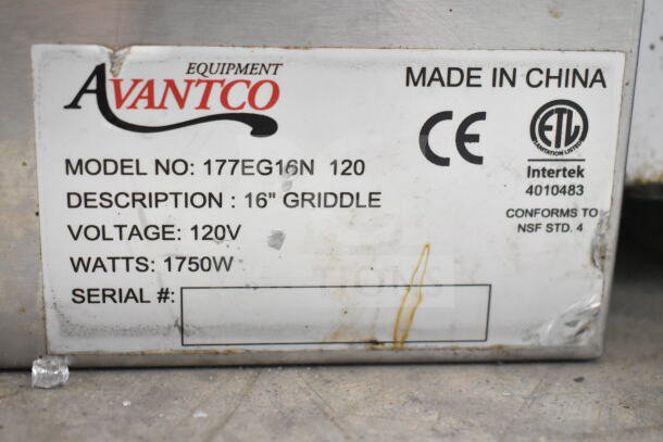 Avantco 177EG16N Commercial Electric Griddle, 16" flat top, 120V, 1750W, CE and ETL certified, Model 177EG16N.