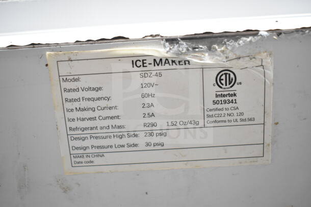 Sdzt SDZ-45 Ice Machine label showing model, 120V, 60Hz, ETL certification, and refrigerant R290.