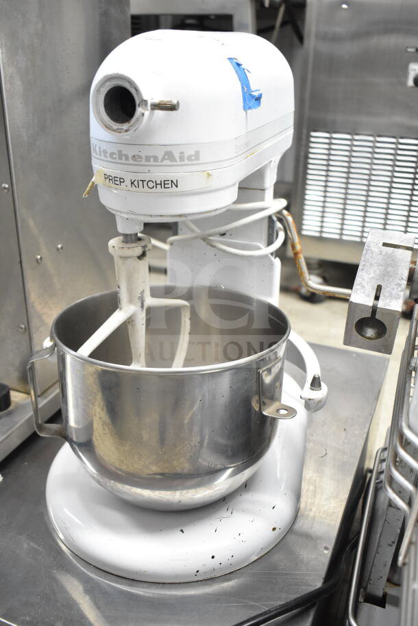 KitchenAid Commercial Countertop Planetary Dough Mixer with mixing bowl and paddle. 115 volts, 1 phase. Visible wear.