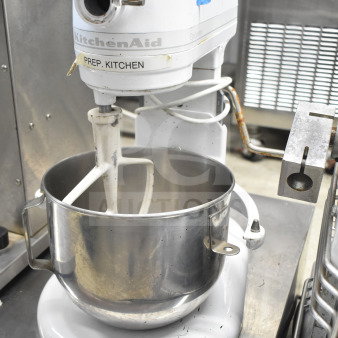 KitchenAid Commercial Countertop Planetary Dough Mixer with mixing bowl and paddle. 115 volts, 1 phase. Visible wear.