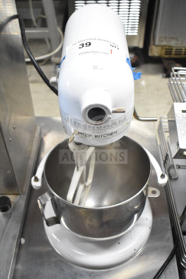 KitchenAid Commercial Dough Mixer with mixing bowl and paddle, 115 volts, 1 phase, labeled for prep kitchen.