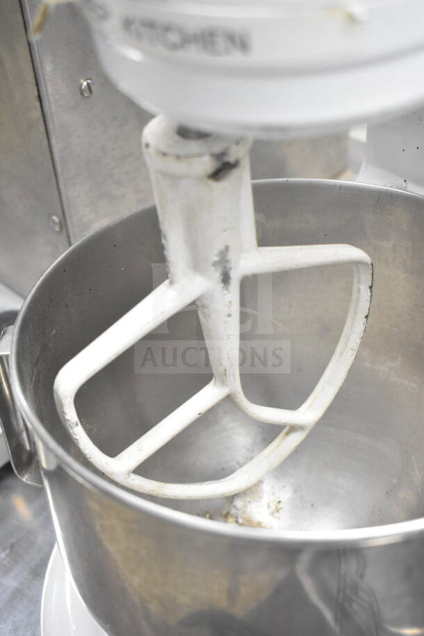KitchenAid commercial countertop dough mixer with mixing bowl and paddle attachment, shows signs of use. 115V, 1 phase.
