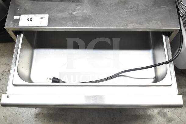 Omcan 43623 Commercial Countertop Warming Drawer, single drawer, stainless steel, 110-120V, 1 Phase, visible label showing lot info.