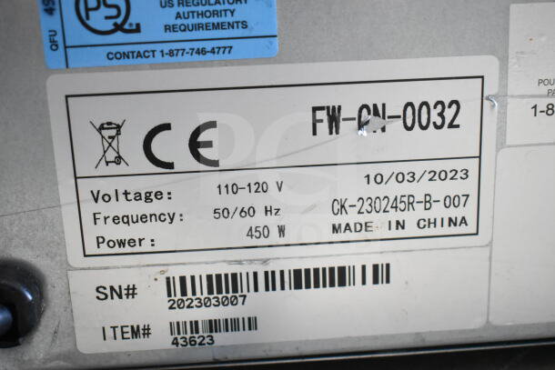 Omcan 43623 Commercial Warming Drawer label, showing 110-120V, 1 Phase, 450W. Made in China. Item# 43623.