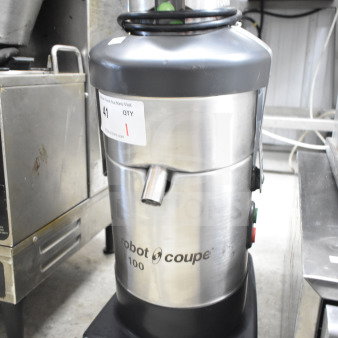 Robot Coupe J100 Commercial Juicer, stainless steel, 115V, 1 Phase. Features power switch and spout. Auction tag visible.