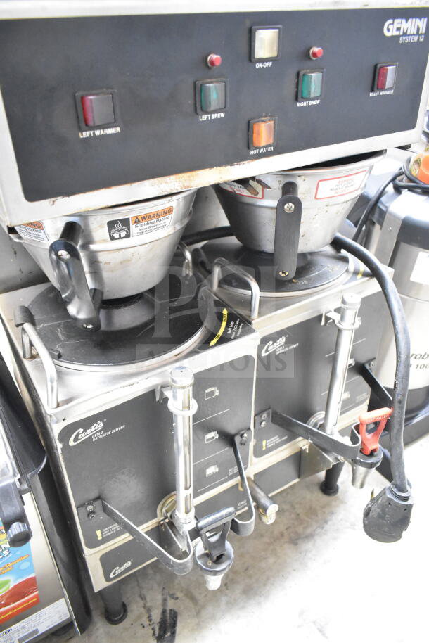 Curtis GEM-12-10 commercial coffee machine with two servers and brew baskets. Features control panel; 220V, 1 phase.