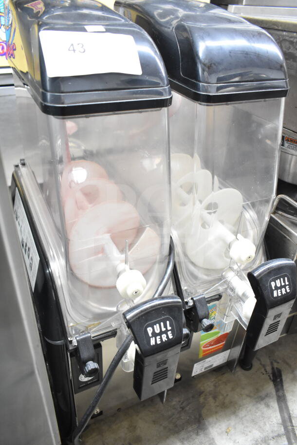 Elmeco FC2 commercial slushie machine with two hoppers, 115 volts, 1 phase. Features "PULL HERE" levers, marked model FC2.