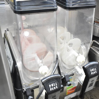 Elmeco FC2 commercial slushie machine with two hoppers, 115 volts, 1 phase. Features "PULL HERE" levers, marked model FC2.