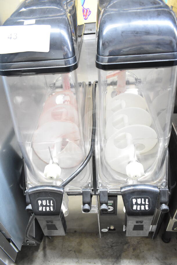 Elmeco FC2 commercial slushie machine with two hoppers. Features "Pull Here" levers and operates at 115 volts, 1 phase.