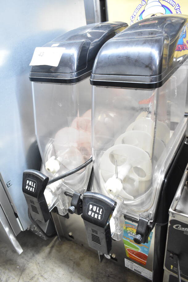 Elmeco FC2 commercial slushie machine with 2 hoppers, black lids, and "PULL HERE" spouts. 115 volts, 1 phase.