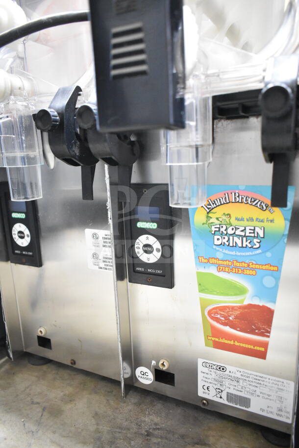 Elmeco FC2 commercial slushie machine with 2 hoppers, 115 volts, 1 phase; clean condition with control panel and QC passed label.