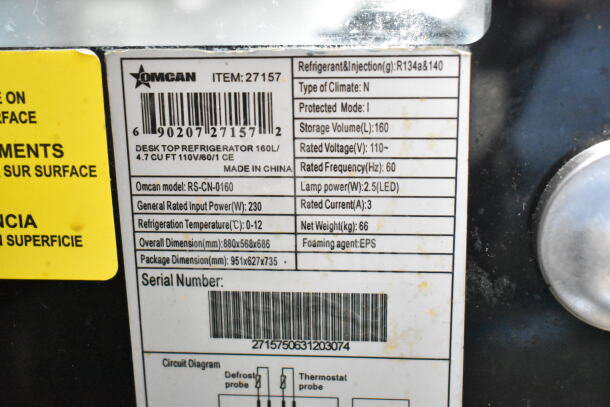 Omcan 27157 countertop refrigerated display case, 110V, 1 phase. Features specs label: RS-CN-0160, 160L, 0-12°C.