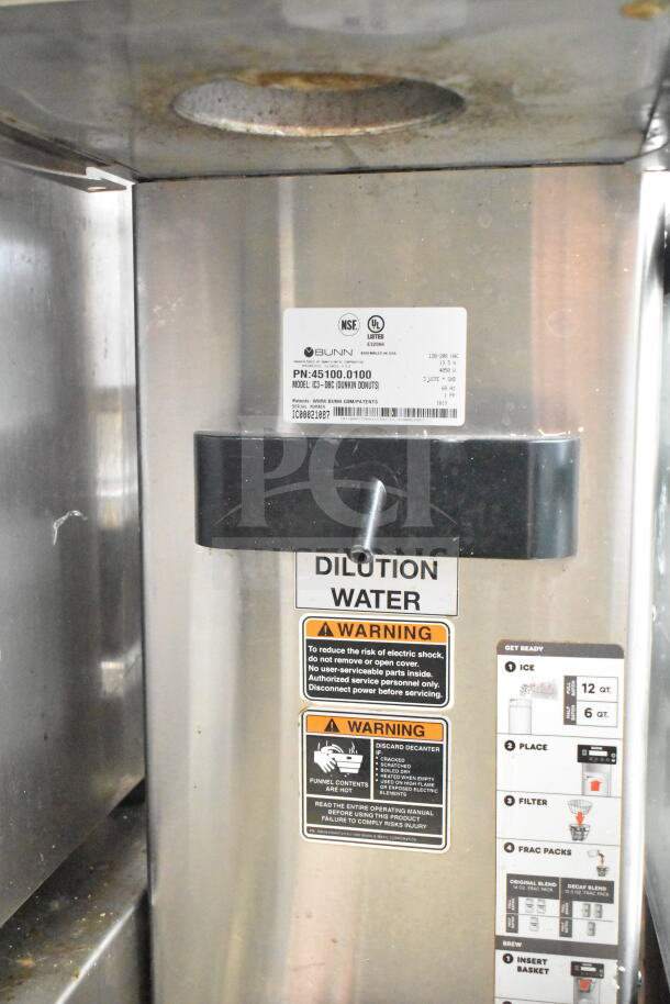 2019 Bunn IC3-DBC iced tea machine, countertop model. Features include warning labels and operation instructions.