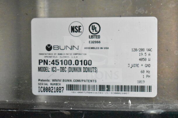 2019 Bunn IC3-DBC Commercial Iced Tea Machine label. Model: IC3-DBC. Voltage: 120/208V. Serial: IC00021087.