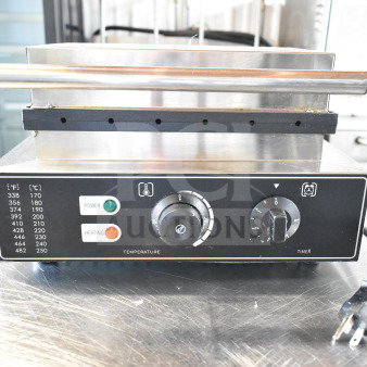 FY-119 countertop 6 stick waffle maker, 110V, 1 phase. Features temperature control, power, and heating indicators. Good condition.