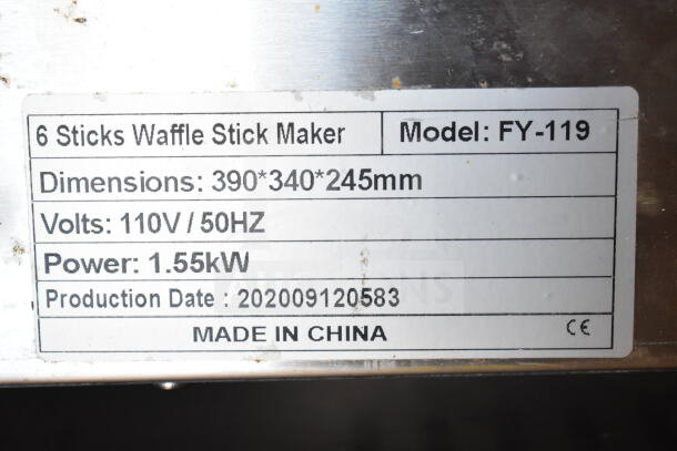 FY-119 Countertop 6 Stick Waffle Maker label showing model, dimensions, 110V, 50Hz, 1.55kW, made in China.