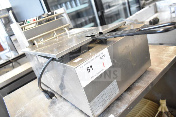 EH81 Countertop Electric Deep Fat Fryer with basket and lid, 110V, 1 phase, used condition, auction label visible.