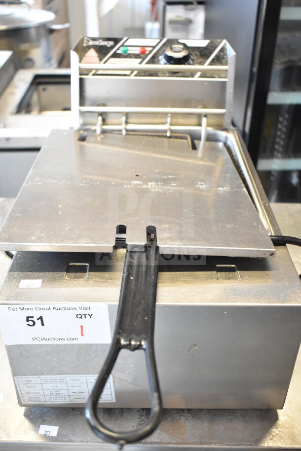 EH81 countertop electric deep fryer with fry basket and lid. 110 volts, 1 phase. Visible control panel and auction label.