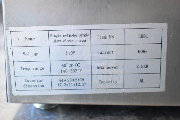 EH81 countertop electric deep fat fryer, 110V, single cylinder, 6L capacity, includes fry basket and lid. Model EH81 label shown.