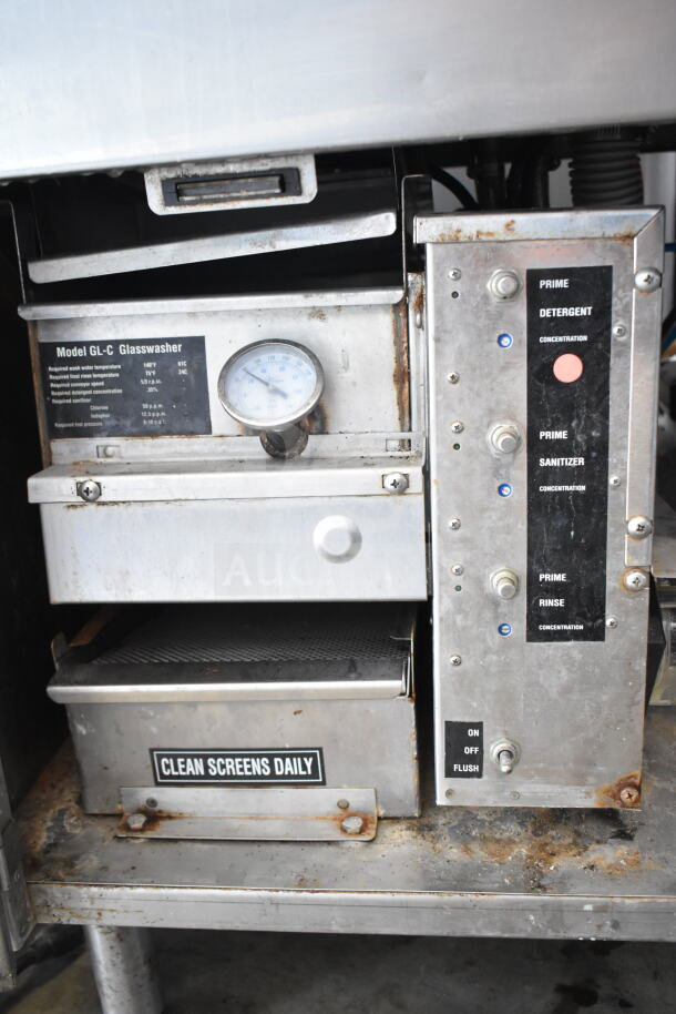 CMA GL-C Commercial Undercounter Glass Washer, 208/240V, 1 Phase. Features control panel and gauge. Moderate wear visible.