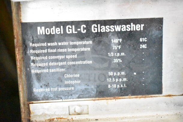 CMA GL-C Commercial Undercounter Glass Washer, 208/240V, 1 Phase, showing label with operational requirements.