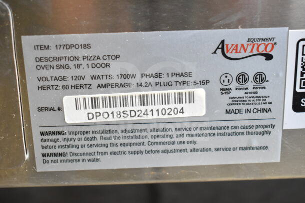 Avantco 177DPO18S Electric Pizza Oven label showing model, voltage, wattage, phase details, and warnings.