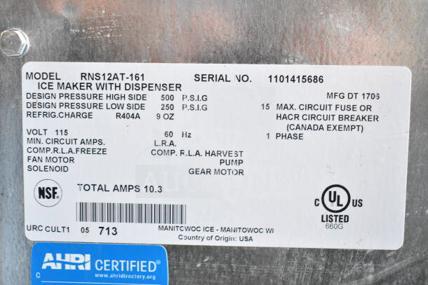 2017 Manitowoc RNS12AT-161 Ice Maker and Water Dispenser label detailing model, voltage, and certification.