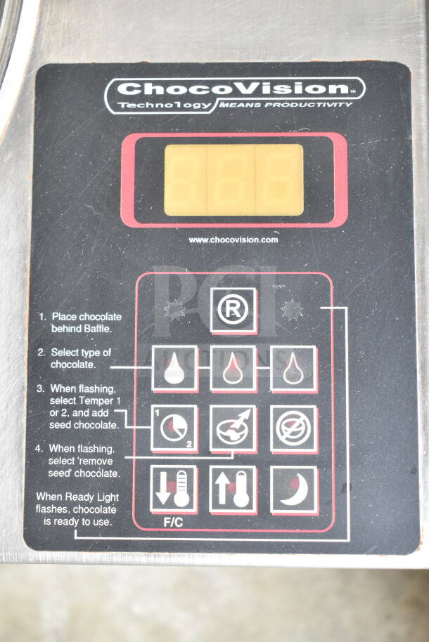 ChocoVision Commercial Countertop Chocolate Temperer control panel with instructions and logo. 115V, 1 Phase.