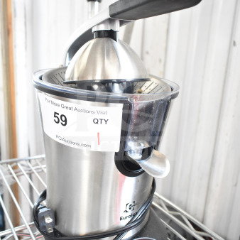 Eurolux ELCJ-1600S stainless steel citrus juicer, 120V, 1 phase, countertop model, with power cord visible; auction label "59" attached.