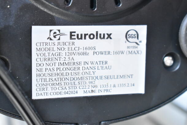 Eurolux ELCJ-1600S Citrus Juicer label, 120V, 160W, do not immerse in water, household use only, made in PRC.