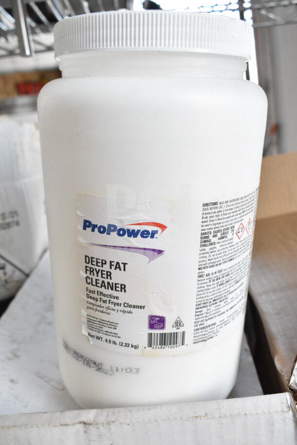 ProPower Deep Fat Fryer Cleaner, 4.9 lb container, labeled for fast, effective cleaning. Directions and warnings visible.