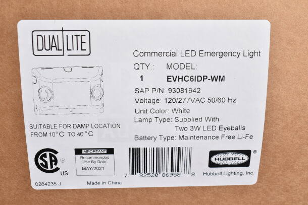 DualLite LED Emergency Light, model EVHC6IDP-WM, white, runs on 120/277VAC, includes two 3W LED eyeballs, maintenance-free Li-Fe battery.