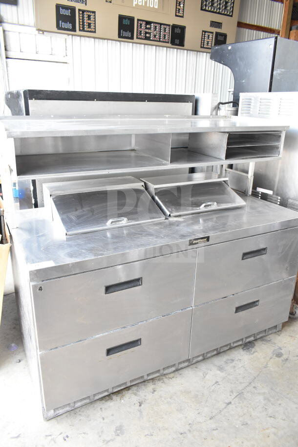 Delfield commercial prep table with bain marie mega top, over shelf, and 4 drawers, 115V, 1 phase, stainless steel.