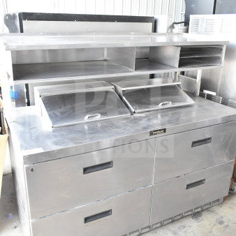 Delfield commercial prep table with bain marie mega top, over shelf, and 4 drawers, 115V, 1 phase, stainless steel.