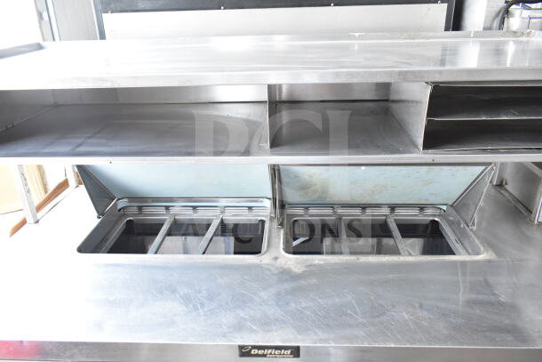 Delfield Commercial Sandwich Salad Prep Table with Mega Top, 4 Drawers, Over Shelf, 115V, 1 Phase, Stainless Steel.