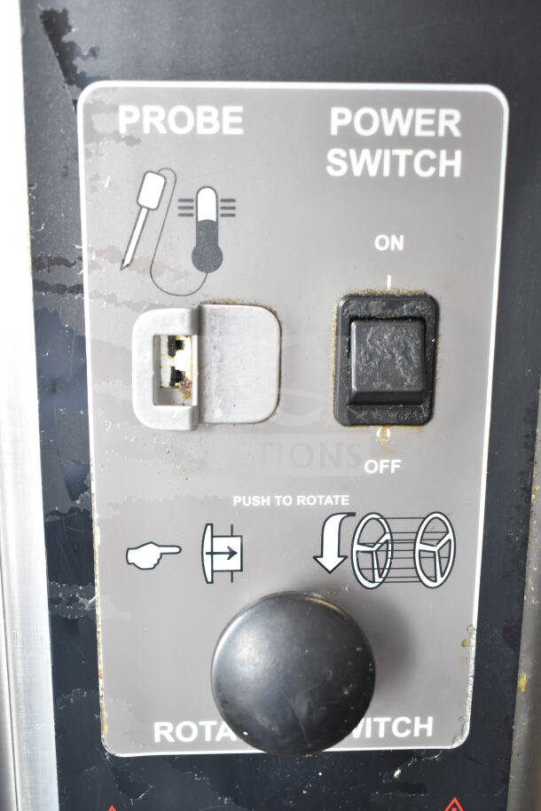 Henny Penny SCR-6 electric rotisserie oven control panel, showing probe and power switch, with rotate instructions.