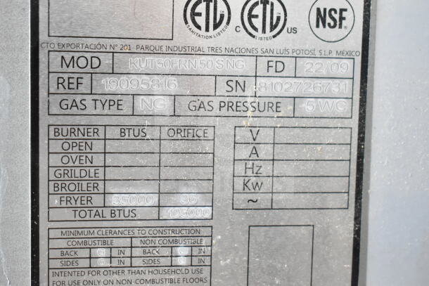 2022 KUT50FRN50SNG deep fat fryer label displaying model, gas type, pressure, and BTU specifications.