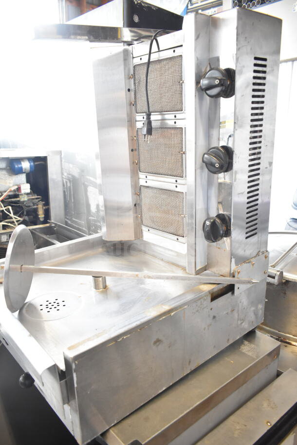 GB-800 Gyro Machine, propane gas-powered, stainless steel, countertop model. Features control knobs, 110V, 1 Phase. Used condition.
