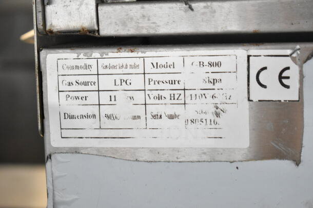 GB-800 Commercial Gyro Machine with LPG fuel label. Model GB-800, 110V, 1 Phase, 11kW power. Serial number visible.