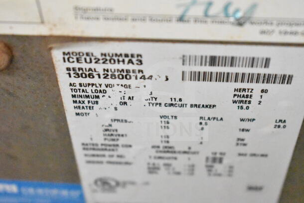 Label of Ice-O-Matic ICEU220HA3 undercounter ice machine showing model, serial number, and electrical specifications.