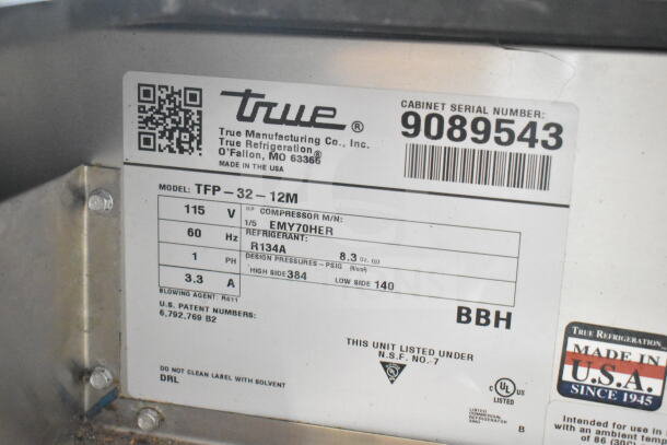 Label for 2017 True TFP-32-12M sandwich prep table; shows model specs, 115V, missing lid, serial number 9089543. Made in USA.