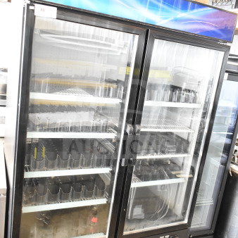 2025 Avantco 178GDC49HCB 2-door reach-in cooler merchandiser, glass doors, 115V, shows interior shelving, good condition.