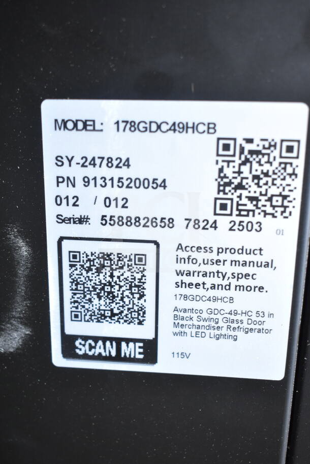 Avantco 178GDC49HCB commercial cooler label showing model, serial number, and QR code for product info. 115V, 1 Phase.